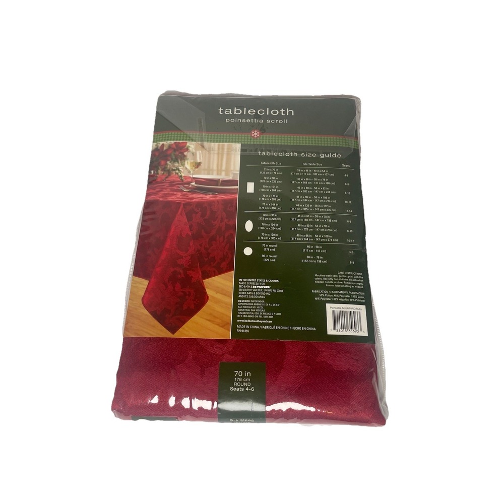 Bed Bath‎ And Beyond 70" Round Red Poinsettia Christmas Tablecloth NIP Holiday